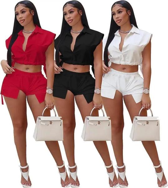                  Women′s Sexy Summer Two Piece Outfits Button Down Crop Top Short Sleeve Tracksuit Sets with Pockets Plus Size Suit for Women             