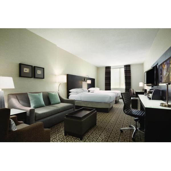 Hotel Executive Suite Bedroom Furniture Double Bed with TV storage Cabinets by Dark oak wood and Reception Living Sofa