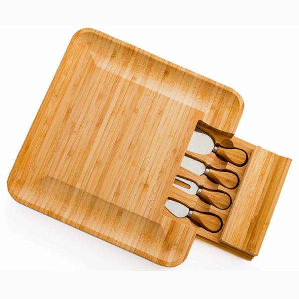 Bamboo Cheese Board Cutting Board with Square Built-In Knife And Fork Rectangle Shape