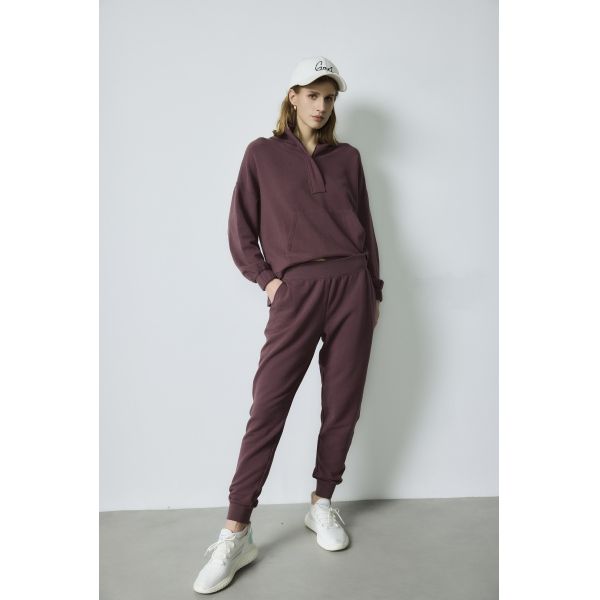 Burgundy Oversized Sweatshirt Sportswear Half Zip Hooded Loungewear Set Soft Cotton