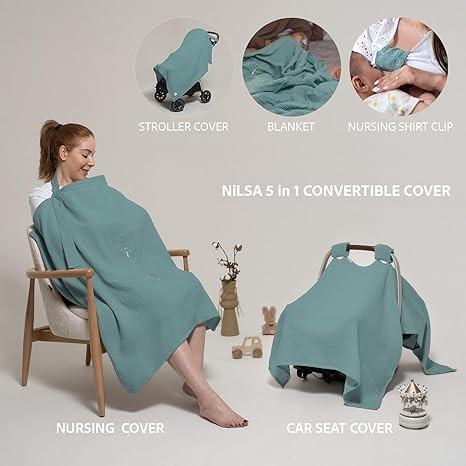 5-in-1 Muslin Nursing Cover up for Breastfeeding & Baby Car Seat Cover