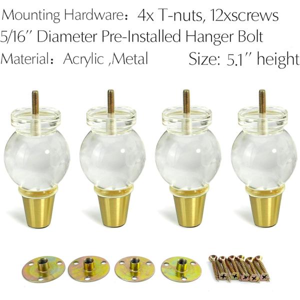 Piernas de cristal transparente exquisito de plexiglás Piernas de muebles acrílicos para el armario de sofá cama