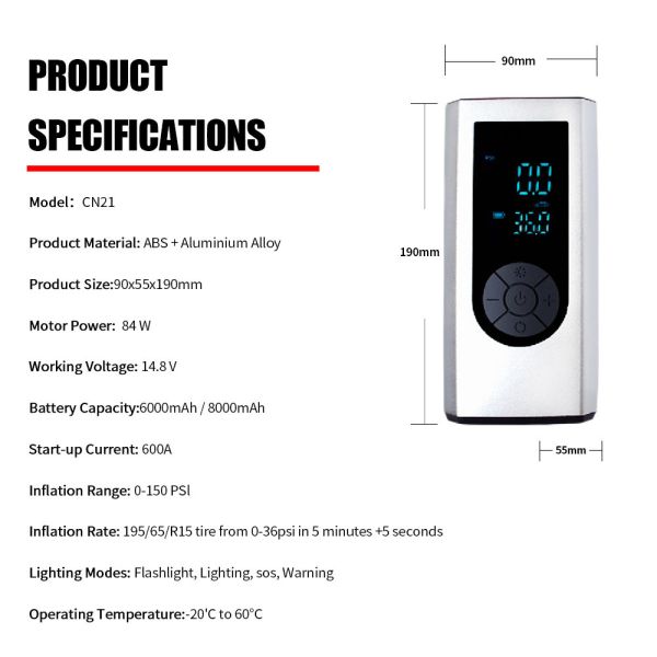 Portable Car Air Compressor For Tires 12V 150psi Digital Rechargeable Car Battery Charger Jump Starter Led Display