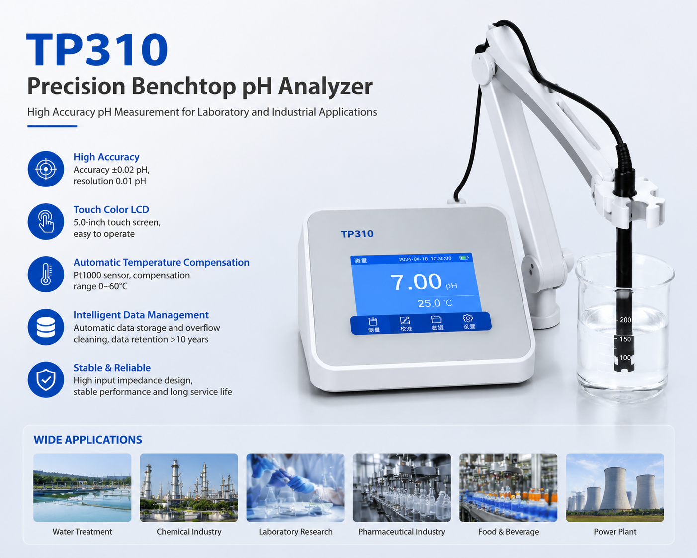 TP310 Precision Benchtop pH Analyzer High Accuracy pH Meter for Water Quality Testing
