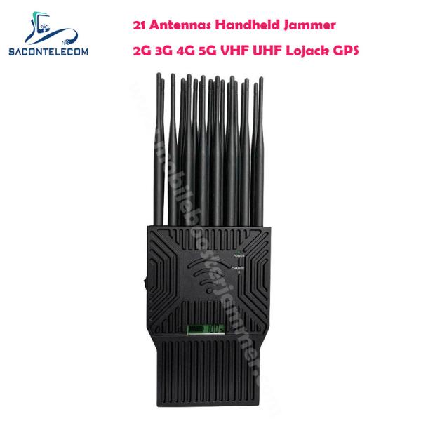 21W Output Power Portable Signal Jammer with 21 Antennas for 5G Lojack UHF VHF GPS WiFi Blocking