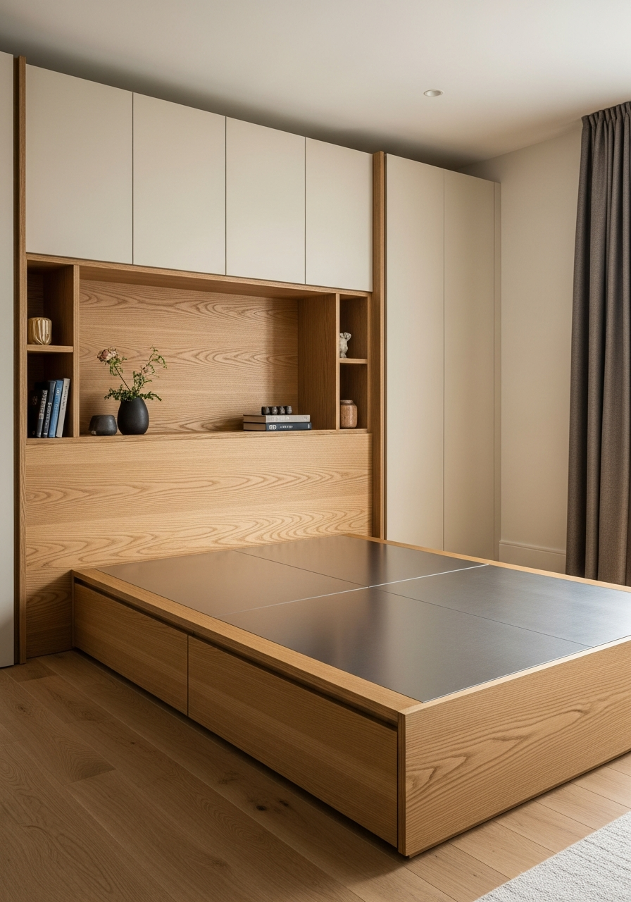 Low-Profile Japandi Platform Bed in 304 Stainless Steel with Oak Veneer