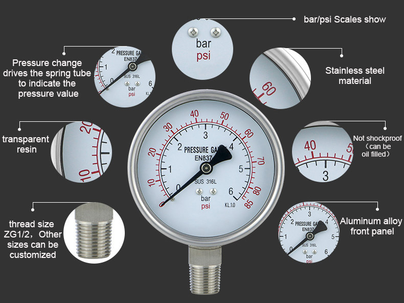 ZG1/2 Thread Y100BF Pressure Gauge 400bar 1.6% 2.5% Gas Manometer with 100mm Diameter