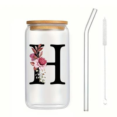 Logo personnalisé exquis 16 oz bouteille d'eau en verre de sublimation lettres florales claires Coca-Cola boîtes de verre avec couvercle de bambou et paille 8 * 15cm