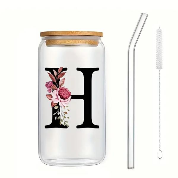 Exquisite Customized Logo 16oz Sublimation Glass Water Bottle Clear Floral Letters Coke Can Glass Cups With Bamboo Lid And Straw 8*15cm