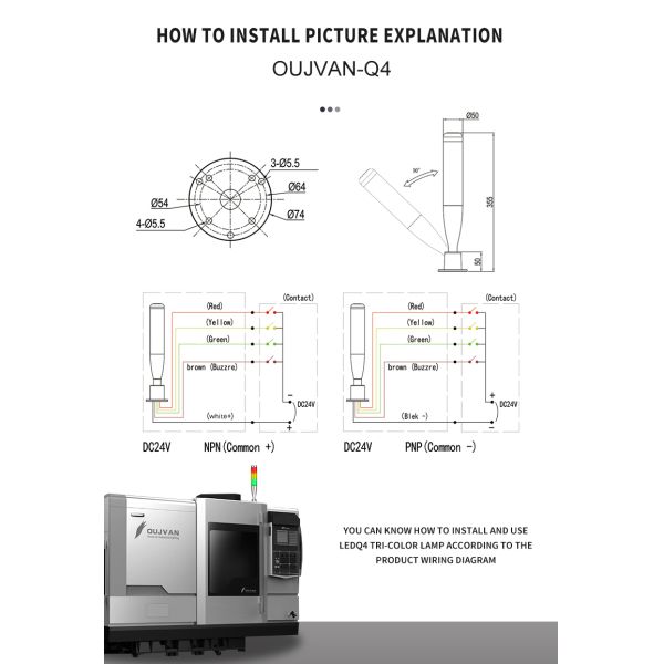 Lámpara de torre LED de entrada DC 24V para máquina plegable con luz de pila y zumbador incorporado, eficiencia de 80 lm/W