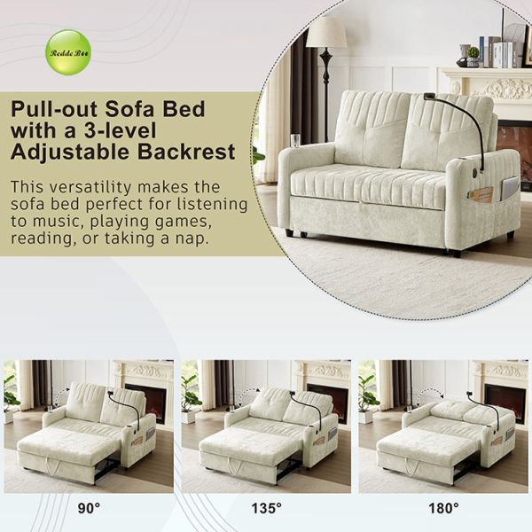 Modern Soft Chenille Fabric Convertible Sofa Bed with USB Port & Cup Holder & Phone Stand 2 Seater Sofa Pull Out Sleeping Sofa Bed