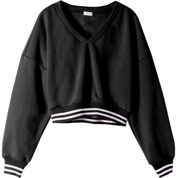 Fashion Women'S Drop Shoulder Sweatshirt ,  V Neck Crop Top Pullover Red Black