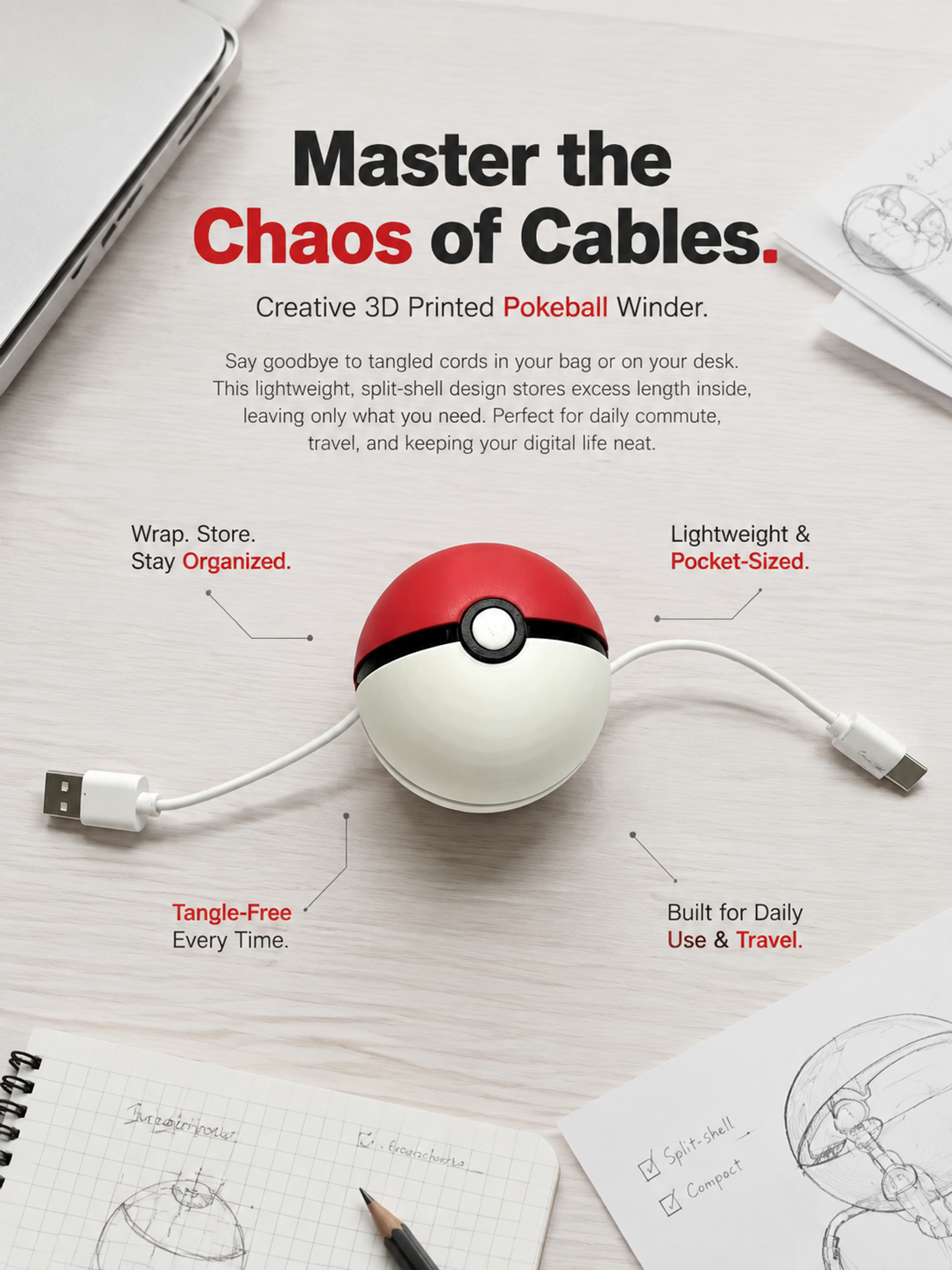 Split Sphere 3D Printed Custom Data Cord Organizer Travelling 3D Printed Office Supplies