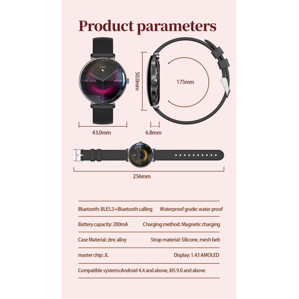 Reloj inteligente V85 Fashion para mujer, pantalla AMOLED delgada, llamada BT, monitor de muñeca, rastreador de actividad física