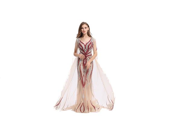 Champagne Lace Beaded Middle Eastern Evening Dresses U - Neck Style