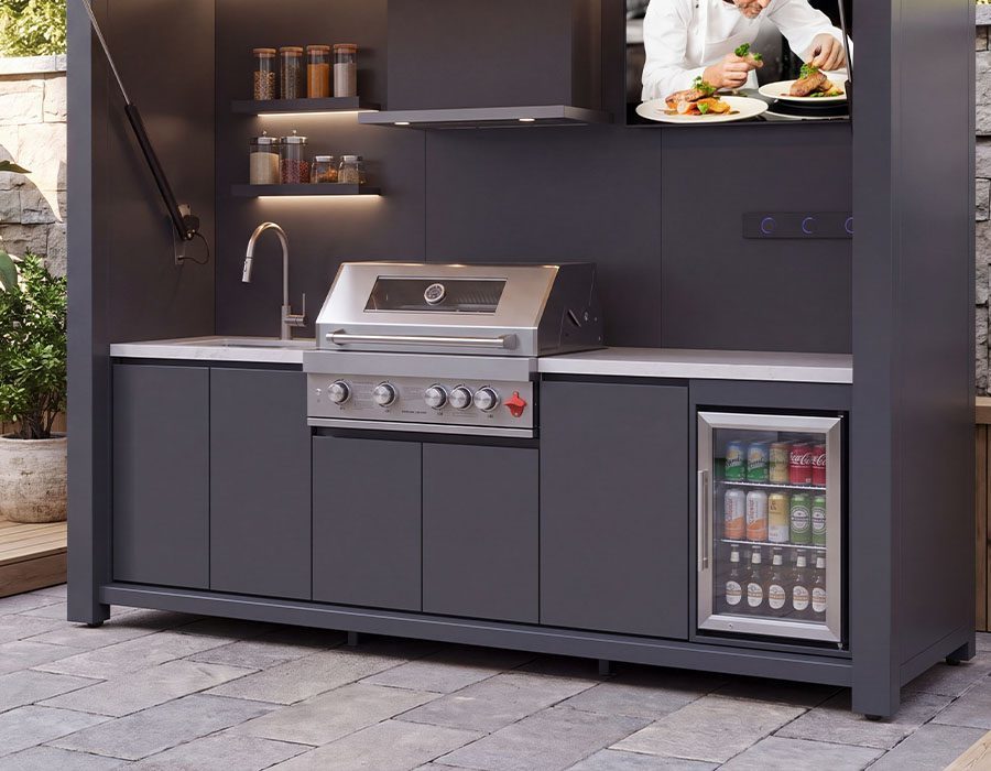 Outdoor BBQ Pod Featuring 40 Inch TV & Double Door Refrigerator W2800 Aluminum Kitchen Station