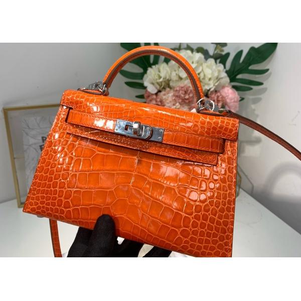 Orange Crocodile Skin Bag , 19cm Genuine Crocodile Leather Bag