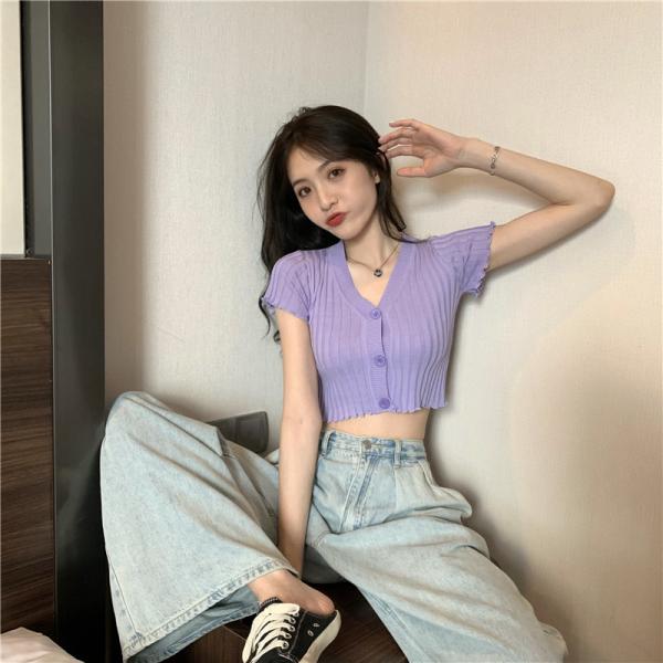 Summer V Neck Women Crop Top , Single Breasted Short Sleeve Knit Crop Top