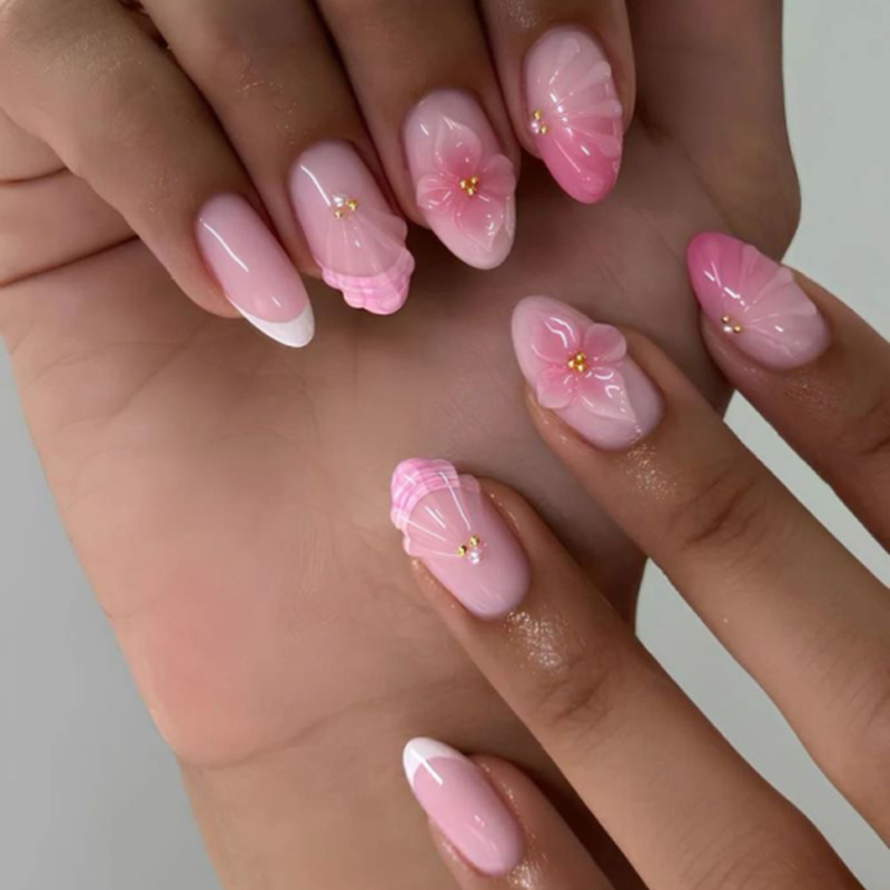 Pink White French Tip False Nails Almond Floral Bow Design Glossy
