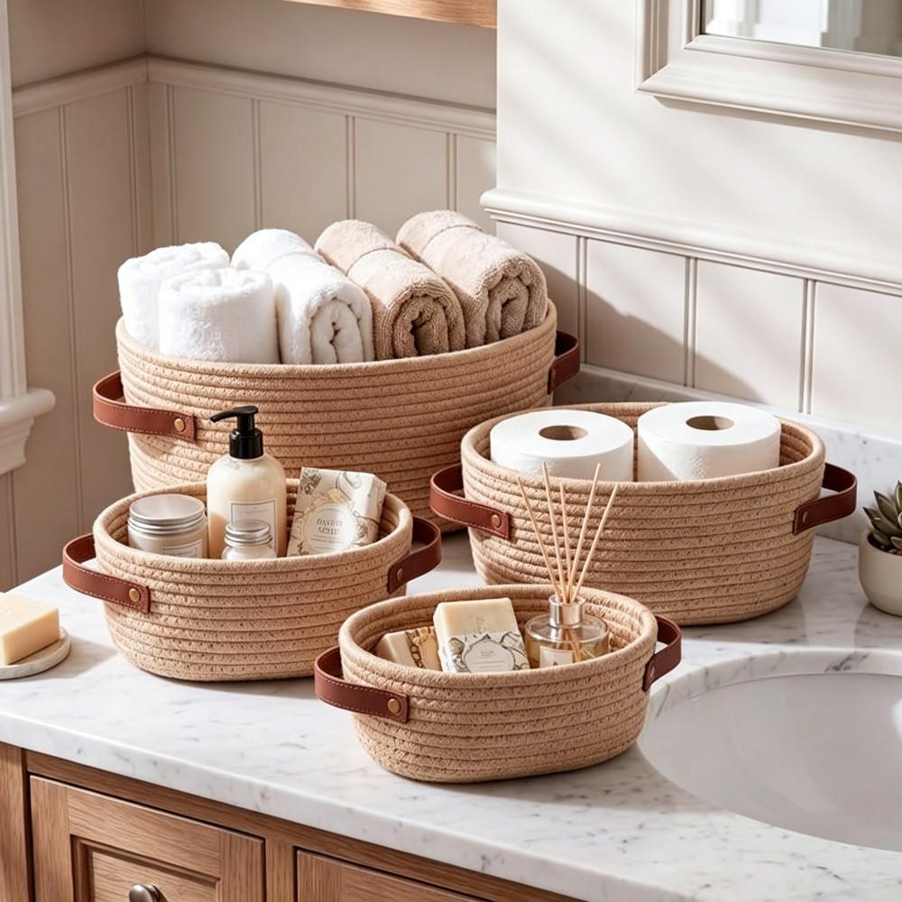 Foldable Cotton Woven Rope Storage Basket with Leather Handles