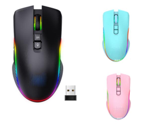 Ratón ergonómico inalámbrico para juegos RGB de 2.4G con 7 botones, DPI ajustable (1000/1600/2400), batería recargable de 600 mAh con Type-C