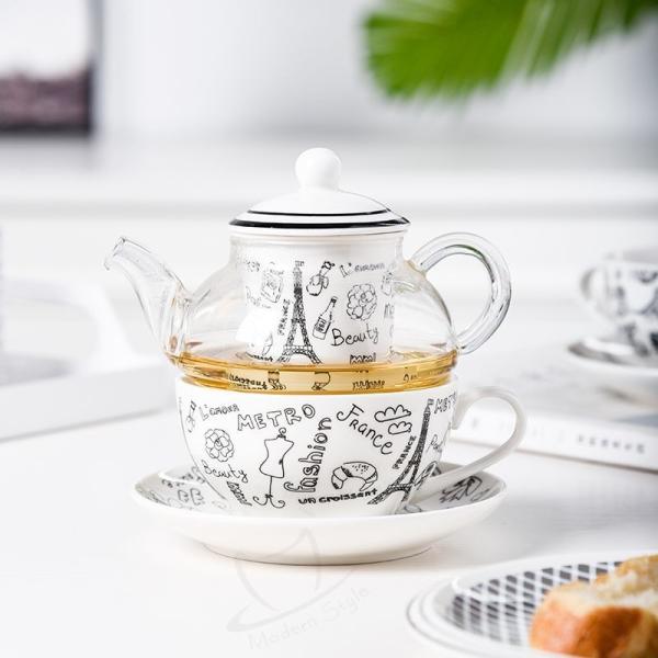 Flower Design Stackable Glass Teapot Cup And Saucer Infuser Set For Mother'S Day