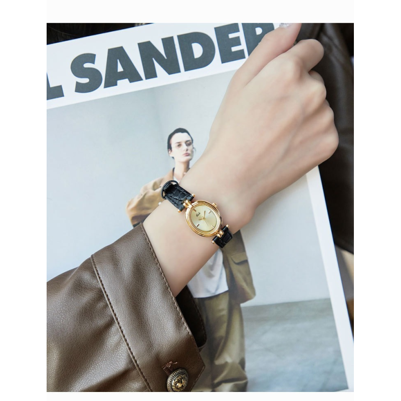 Vintage Women's Dress Watch – Sunburst Gold Dial Black Leather Strap