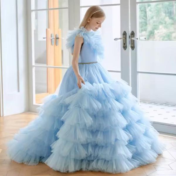 Summer Girl Clothing Blue Flower Tutu Long Wedding Dress Flower Girl Puffy Birthday Dresses Child