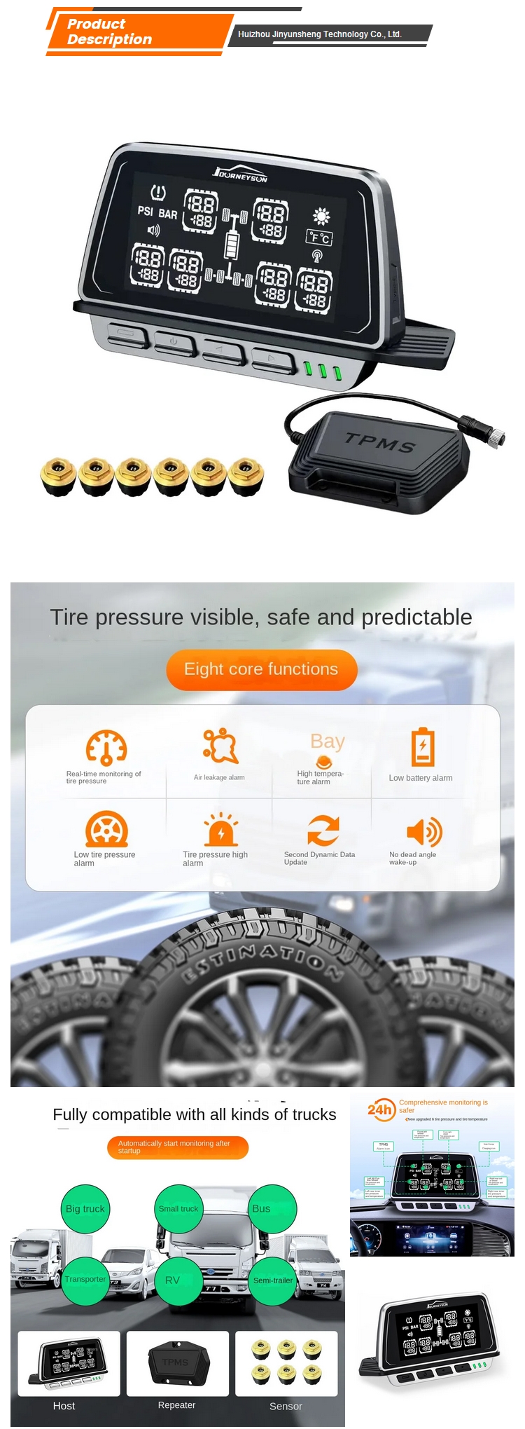 Large Screen Display Solar Powered High Quality Tire Pressure Temperature Monitor 6 Wheels Color Screen Design Built-In External