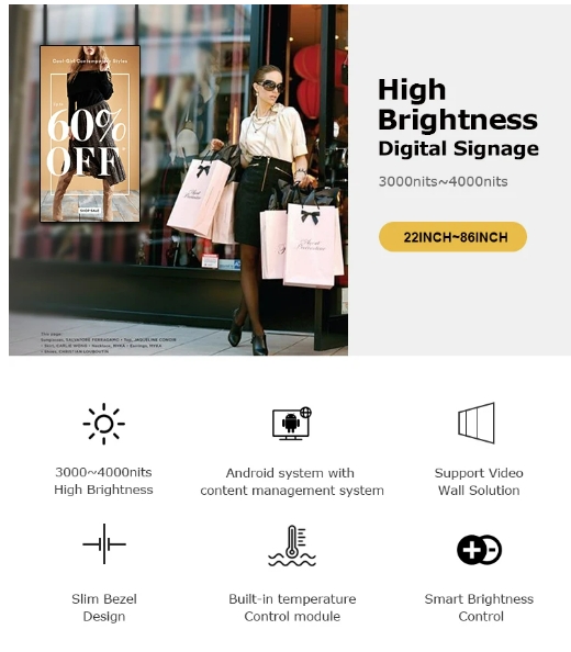 55 Inch Digital Signage Wall Mounted Indoor Hight Brightness Shop Showcase Window Fhd 4k