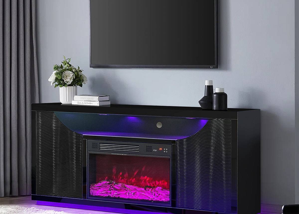 JSBL1302 Black Modern Electric Fireplace TV Stand with Built-in Bluetooth Speaker and Electric Heater with Ambient Light