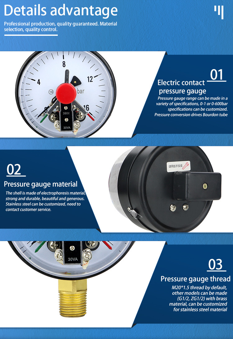 High Precision 1.6% Copper Joint Electric Contact Manometer for Hydraulic Machinery