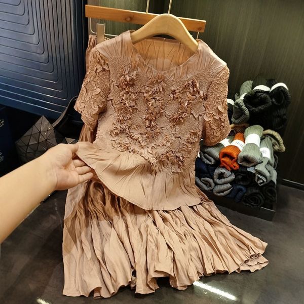 High-End Casual Two-Piece Set Fashionable Pleated Top Skirt Solid Color Short Sleeve Handmade Chiffon Digital for Summer