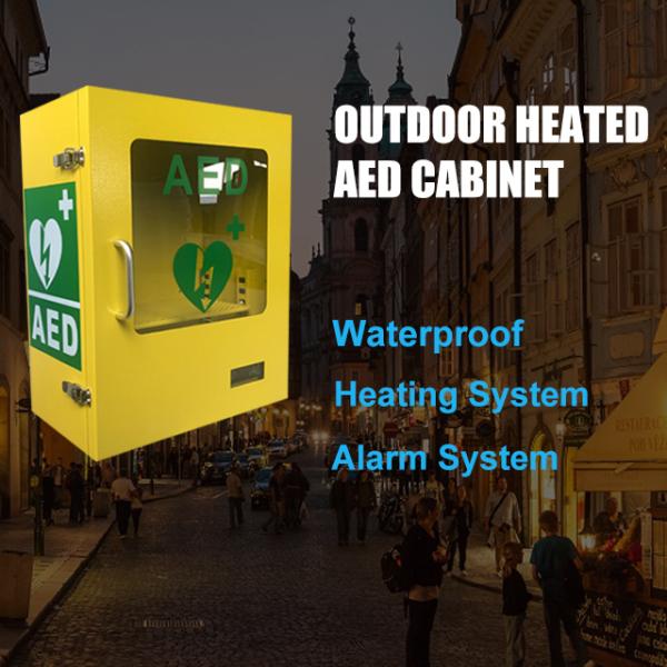 Желтым на открытом воздухе шкаф АЭД стены потревоженный держателем с системой отопления