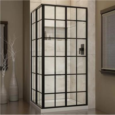 Corner 3 Panel Sliding Tempered Glass Wall With Black Framed Silk Pringint