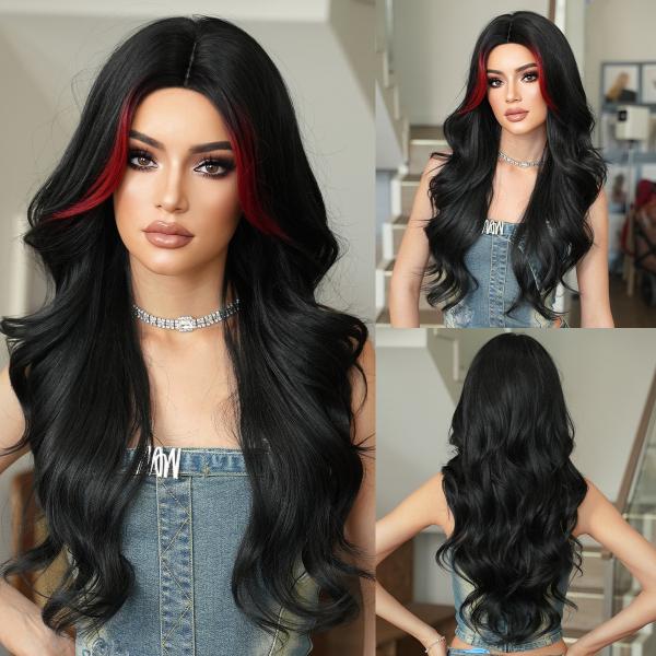 Fashion Long Body Wave Hair Black/Red Synthetic Wigs For Women