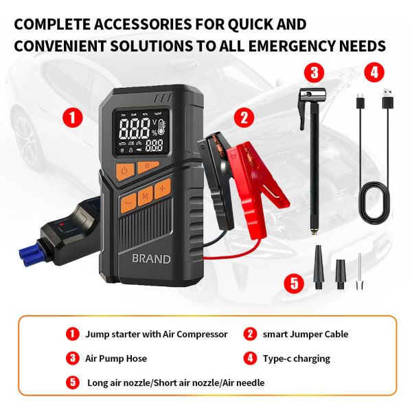 150 PSI Portable Tire Inflators Jump Starter 12000 MAh 12V Car Battery Booster Smart Jumper Cables