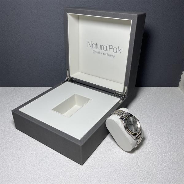 Cream PU Wood Wrist Watch Packaging Box Embossed Logo Watch Box For Men