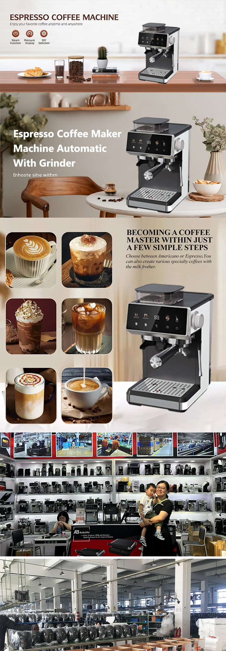 Semi Automatic Coffee Machine 20 Bar Cool Espresso Adjustable Grinder Iced