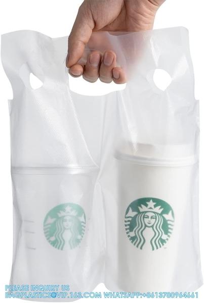 Drinking Handle Bags Cup Carrier With Handle Clear Plastic Packaging Bags For Delivery Hanging Hole Drink Bags