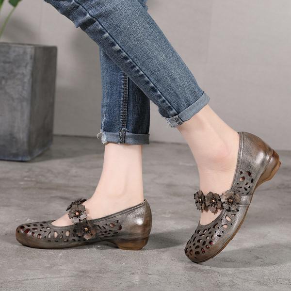 S428Spring And Summer Flowers Hollow Sweet Temperament Leather Handmade Women'S Shoes Round Toe All-Match Single Shoe Ma