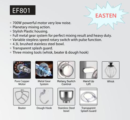 Easten 700W Dough Mixer EF801/ Scarlett Food Mixer/ Home Stand Mixer/ 4.3 Liters Kitchen Mixer