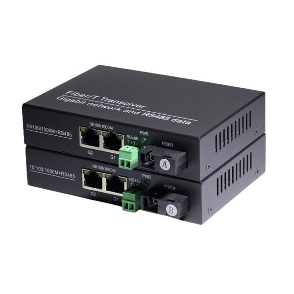 Fiber Optic Transceiver 1 Channel Bi-Directional RS485 Fiber Optic Converter with 2 Gigabit Ethernet Ports 