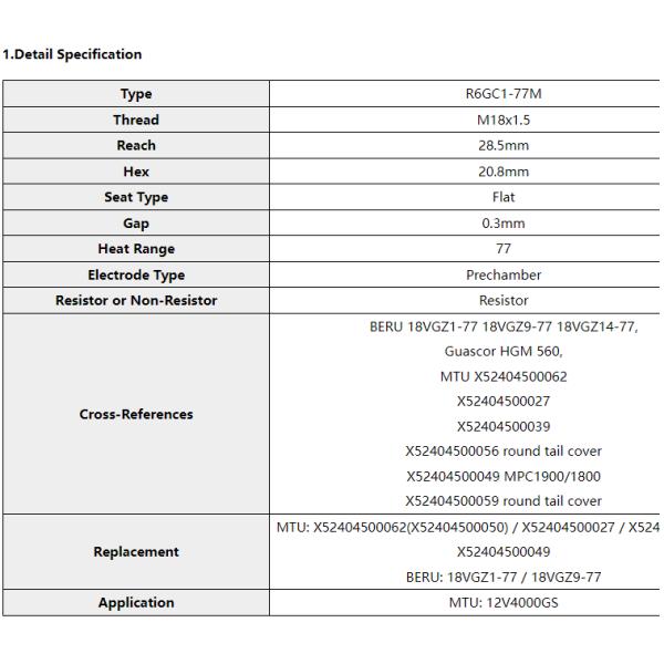Spark Plug FB95WPV Replaces X52404500049 / X52404500039 For MTU 4000 Series