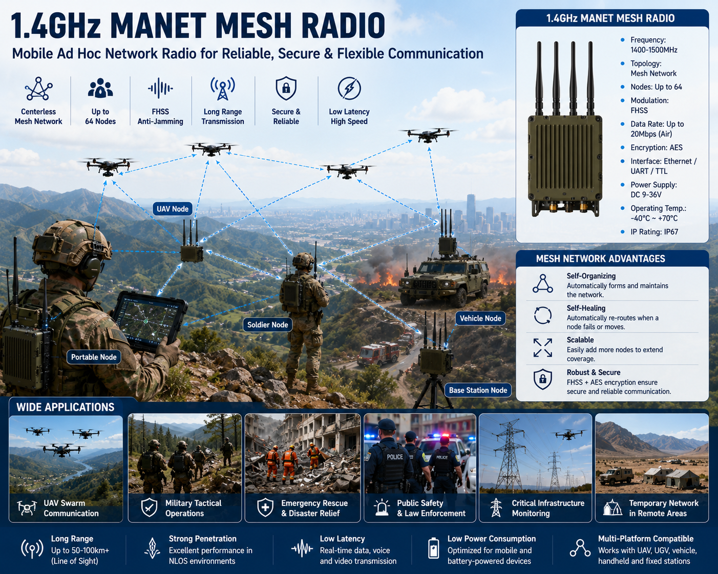 1.4GHz MANET Mesh Radio | Long Range Mobile Ad Hoc Network for UAV & Tactical Communication