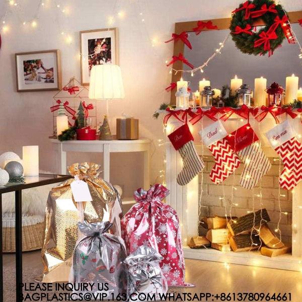 Christmas Gift Bags, Santa Wrapping Bag Designs With Inserted Drawstring Ribbons And Tags For Wrap
