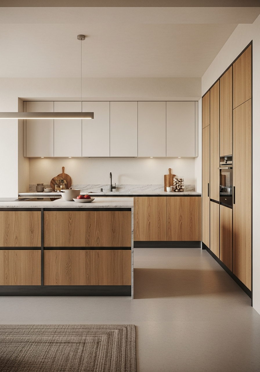 Japandi Honey Oak Kitchen Cabinet in 304 Stainless Steel with Iron Frames