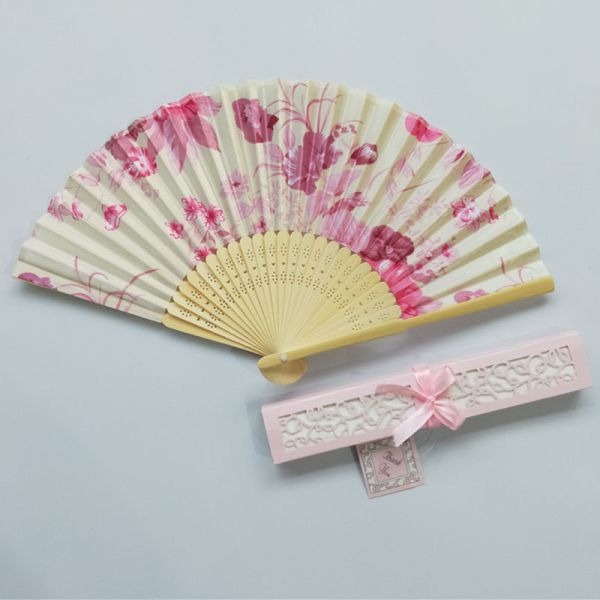 Abanico De Madera De Mano Red Floral Fabric Customized Hand Fans Wedding Favors Foldable Hand Fans