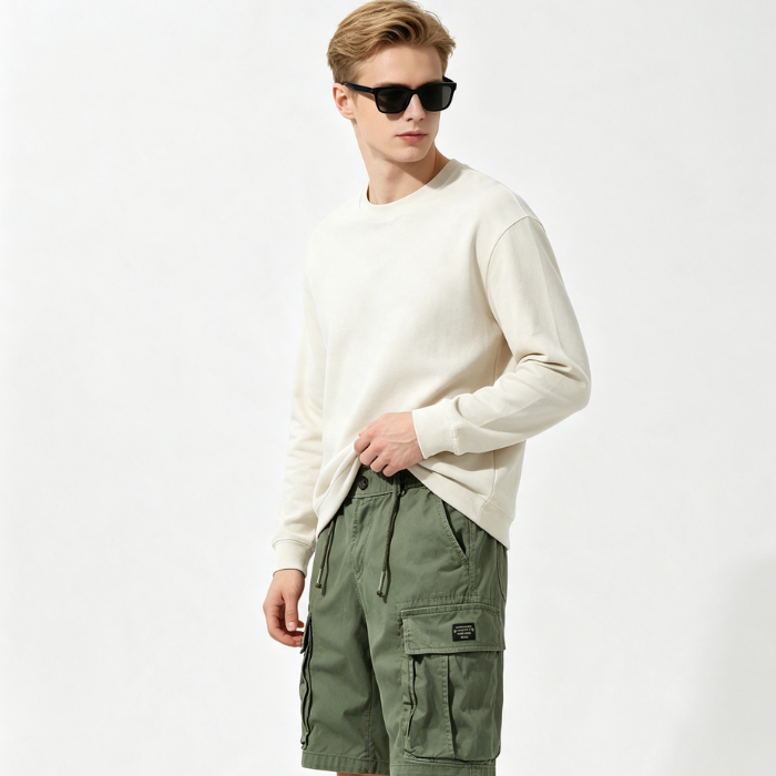 100% Cotton Sports Sweat Shorts Gray , Black , Army Green , Khaki Mens Multi Pocket Cargo Shorts
