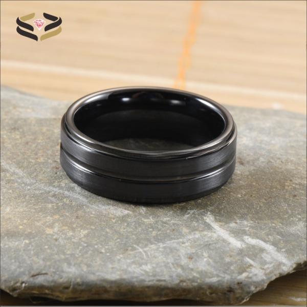 Banda de bodas de cerámica negra de 8 mm, centrada y decorada para hombres, regalo de aniversario